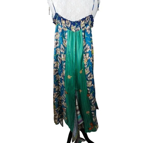 Johnny Was 100% Silk Handkerchief Dress L Boho‎ Floral Patchwork Maxi FLAW - Picture 7 of 11
